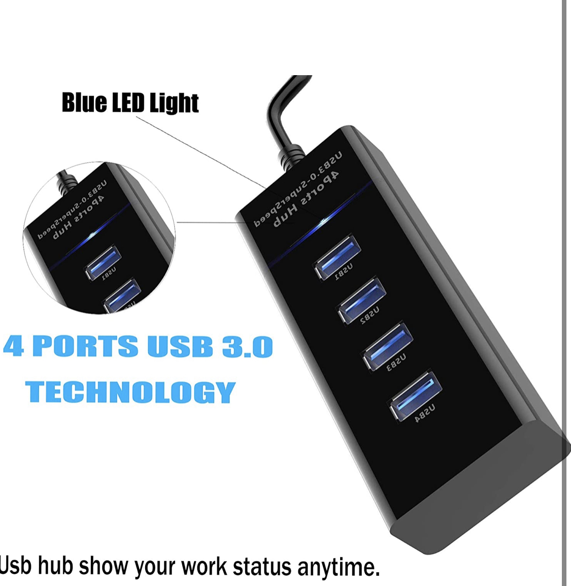 Super Fast USB Hub 3.0 - 4-Port High Speed USB Hub - 4 Data Transfer Port with 1 ft Extended Cable & LED Light - For Computers , Laptop, PC, Mobile, XPS, Surface Pro, USB Flash Drives (Daraz Like New)