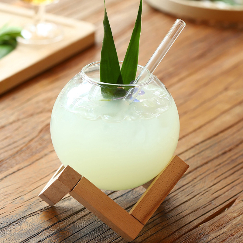 Cocktail Glass Cup With Wood Stand Creative Bar Glassware Drink Ronud Ball Mug Fruit Moon Juice Tumbler