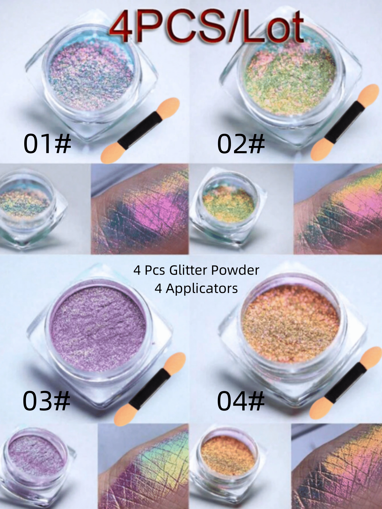 🌈 4PCS Y2K Aurora Nail Powder Set – Chameleon Iridescent Holographic Glitter Nail Art Pigment with Applicators | Neon Bedazzle Nail Decoration