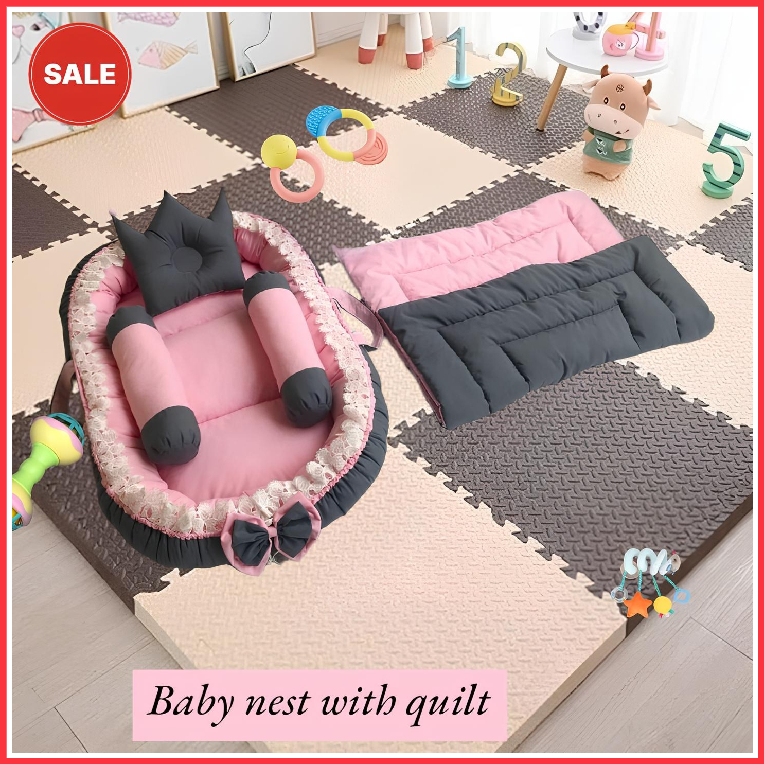Cotton Baby Sleeping Bed Set – 5-Piece with Comforter, Nest, and Pillows  Soft and Portable Cradle Bedding