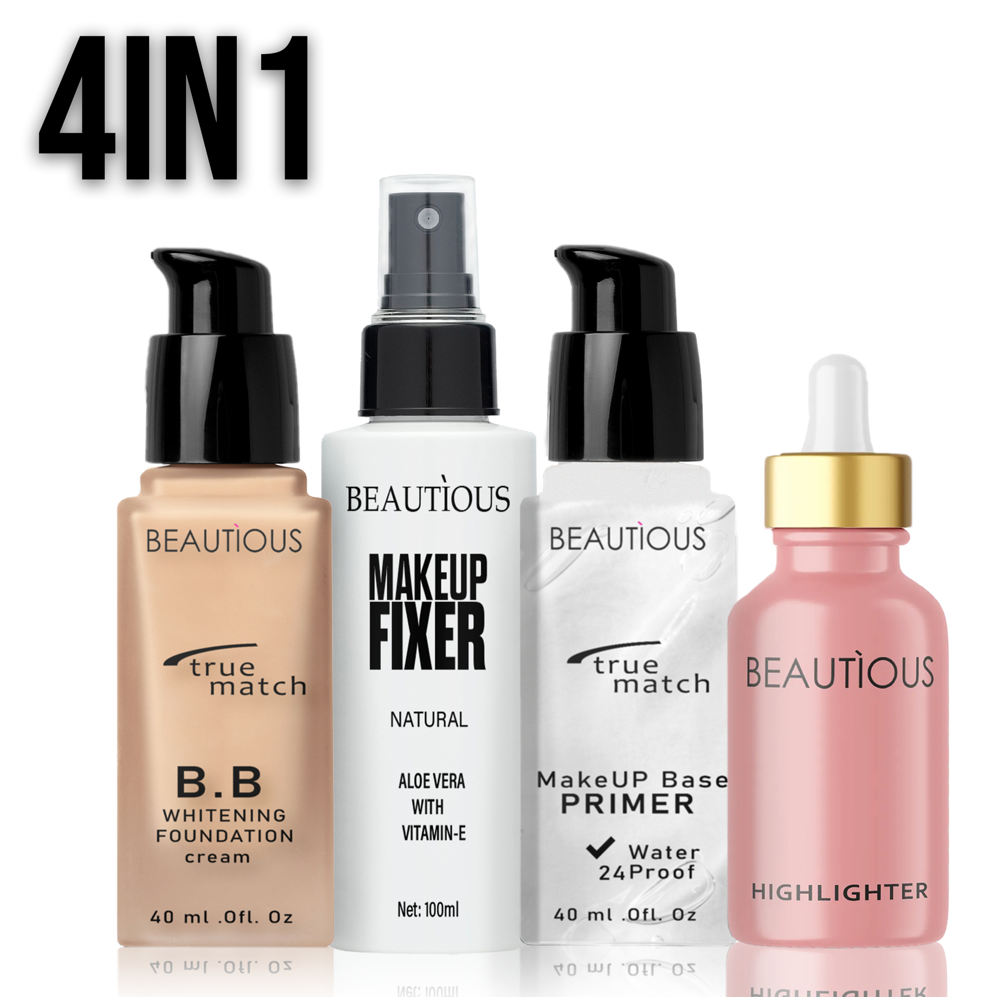 Beautious Deal of 04 Foundation + Liquid Highlighter + Primer Pump + fixer