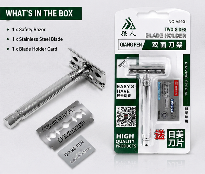 Qiang Ren Double Edge Safety Razor for Men & Women, Stainless Steel Reusable Manual Shaving Razor with 1 Premium Double Edge Blade, Classic Wet Shave Grooming Tool, Durable Anti-Slip Handle, Smooth & Comfortable Daily Beard & Body Hair Removal