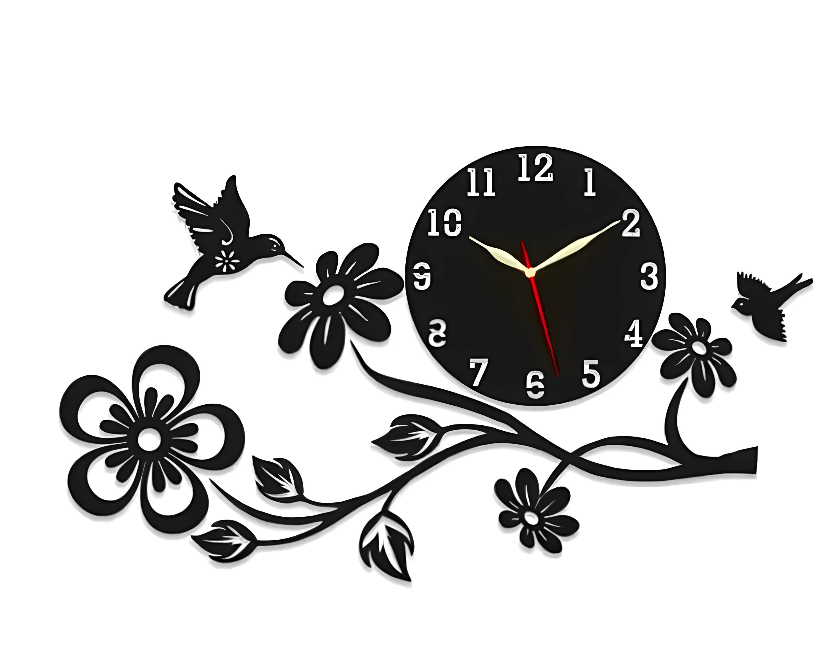 3D Wooden Wall Clock with LED Light Long Nose Bird Flower Shape Home Decor
