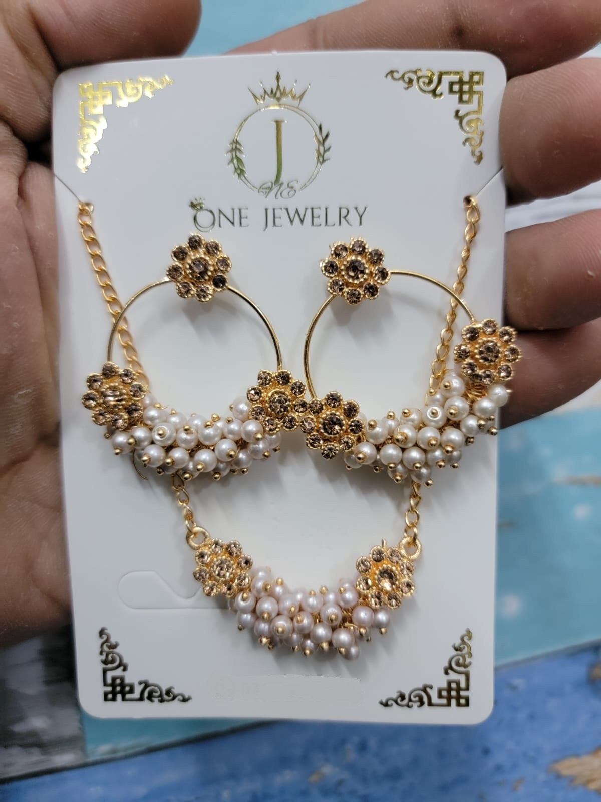 Trendy Gold Chain Pearl Earrings & Pendant Set