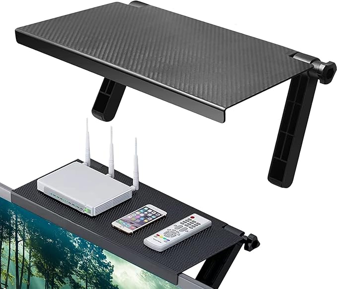 TV Top Screen Shelf Adjustable Computer Monitor Shelf Storage Bracket Mount Hold Cable Media Box, Game Console, WiFi Router, Plants, Speakers, Remote Controls, Cellphone Stand, DVD Shelf