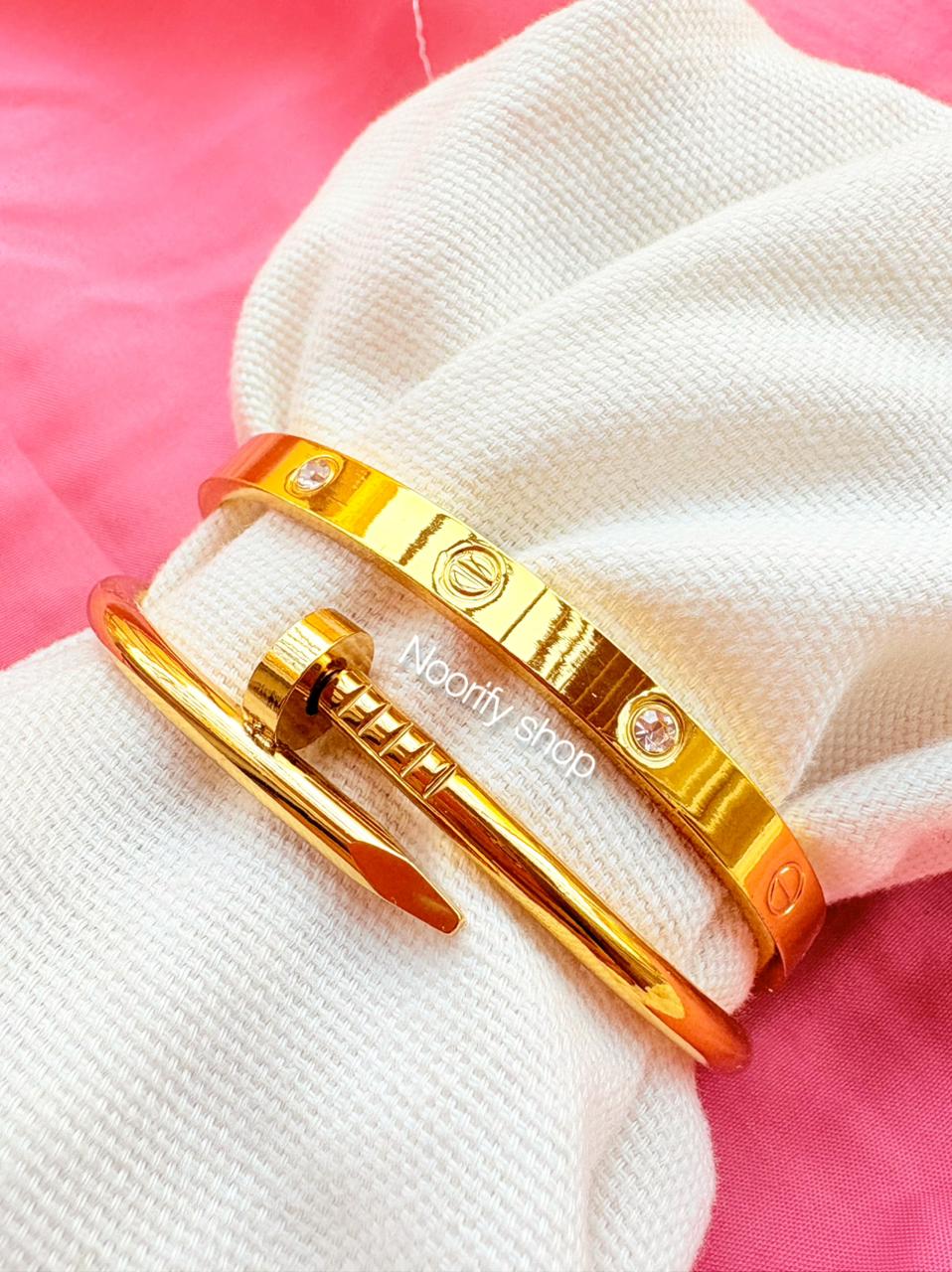 Sets of Two Most Demanding Bracelets | Stainless Steel 18K Best Selling Nail Bracelet & Love Bracelet with Stone | Women Fashion Bangle
