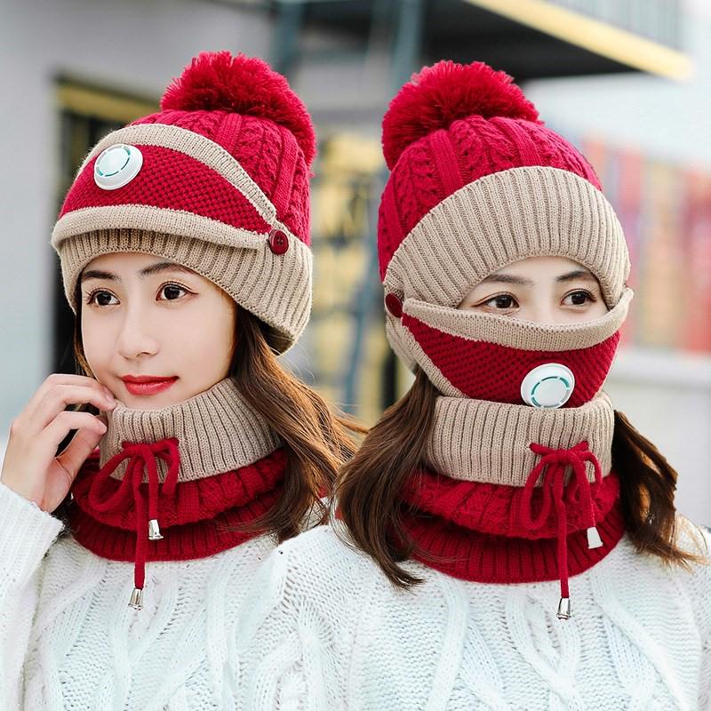 3PCS Women Winter Scarf Set Beanie Hat Neck Warmer Thickened Knitted Hat Scarf Face Cover – 3 Pcs Women Winter Pompom Cap, Neck Warmer & Face Mask Set