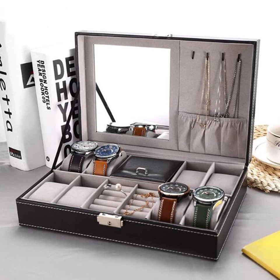 DecorZone 12 Slots Fashion Watch Box PU Leather Watch Case Holder Organizer 2 Layers Jewelry Display Storage Stand Box for Gift Men Women