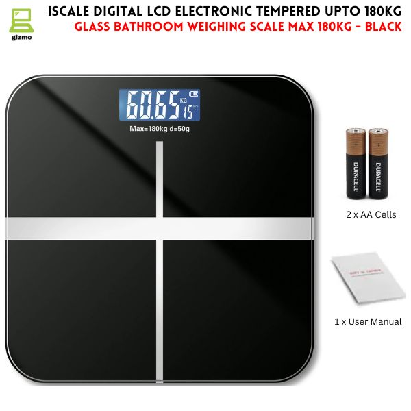 Upto 180kg iScale Rechargeable Weight Machine - 8mm Tempered Glass - Digital Heavy Duty Electronic Weighing Scale with Dual LED Display - Heavy Electric Weight Machine With Durable Steel Quality - For Home & Personal Use - Black//Blue/Silver