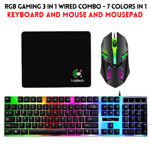 RGB Gaming Keyboard & Mouse Combo - 7 Colour Wired RGB Mouse and Keyboard Set - USB Wired Pack For PC & Laptop - Black & White
