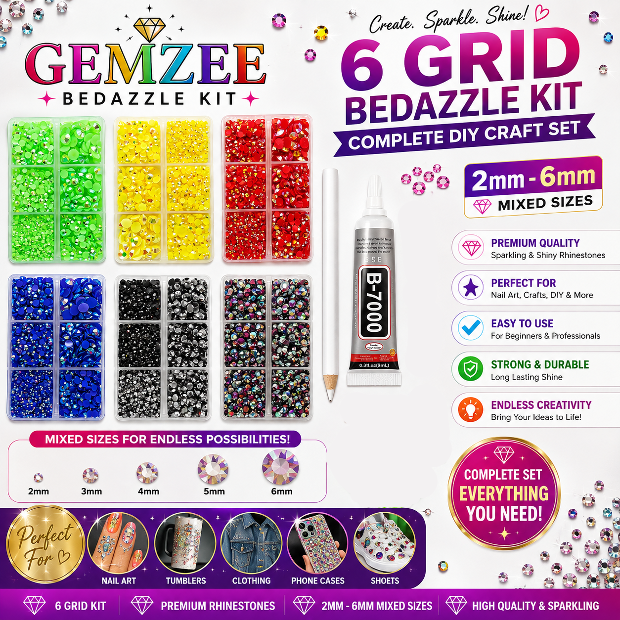 💎 6 Grid Resin AB Flat Back Rhinestone Bedazzle Kit – Complete DIY Craft Set with Glue & Rhinestone Pickup Pencil | Nail Art, Phone Case