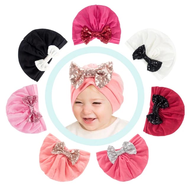 Cartoon Bow Baby Turban Hat Solid Color Kids Newborn Bonnet Caps Soft Elastic Cotton Baby Girl Infant Beanie Hat New Born Props