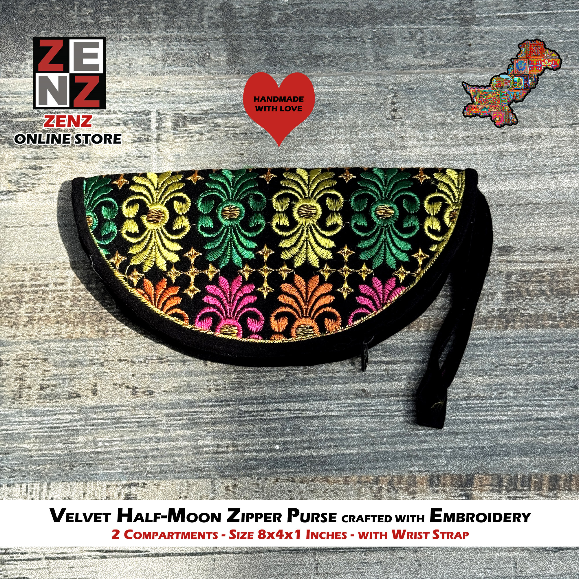 Half Moon Shaped Handmade Black Embroidered Velvet Clutch Purse Size 8x4 Inches crafted with Multicolour Embroidery by ZENZ Pakistani Traditional Vintage Fashion Wear