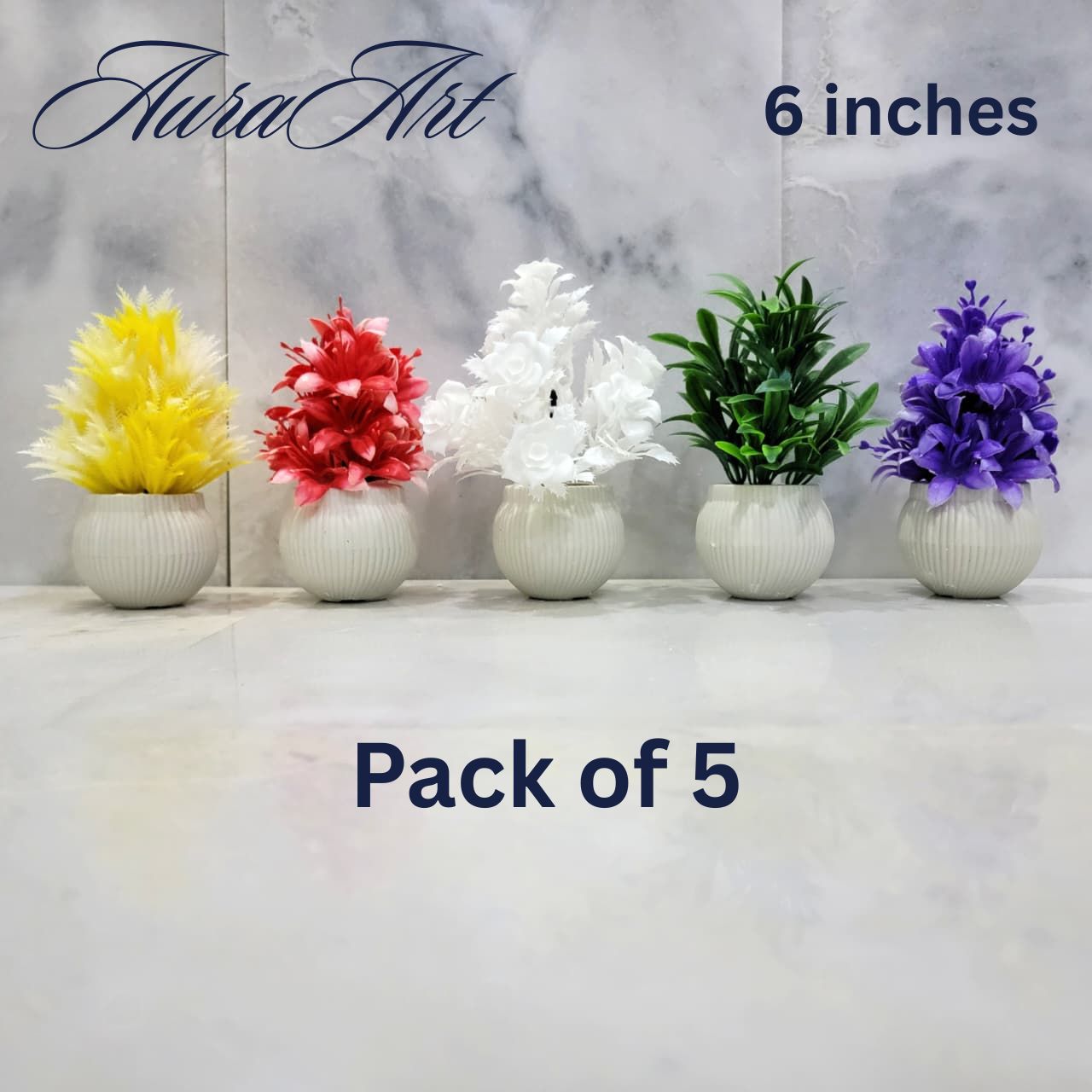 Pack of 3, 5 Artificial Small Plants - 6 Inches High Quality Table Top Decor in White Pots
