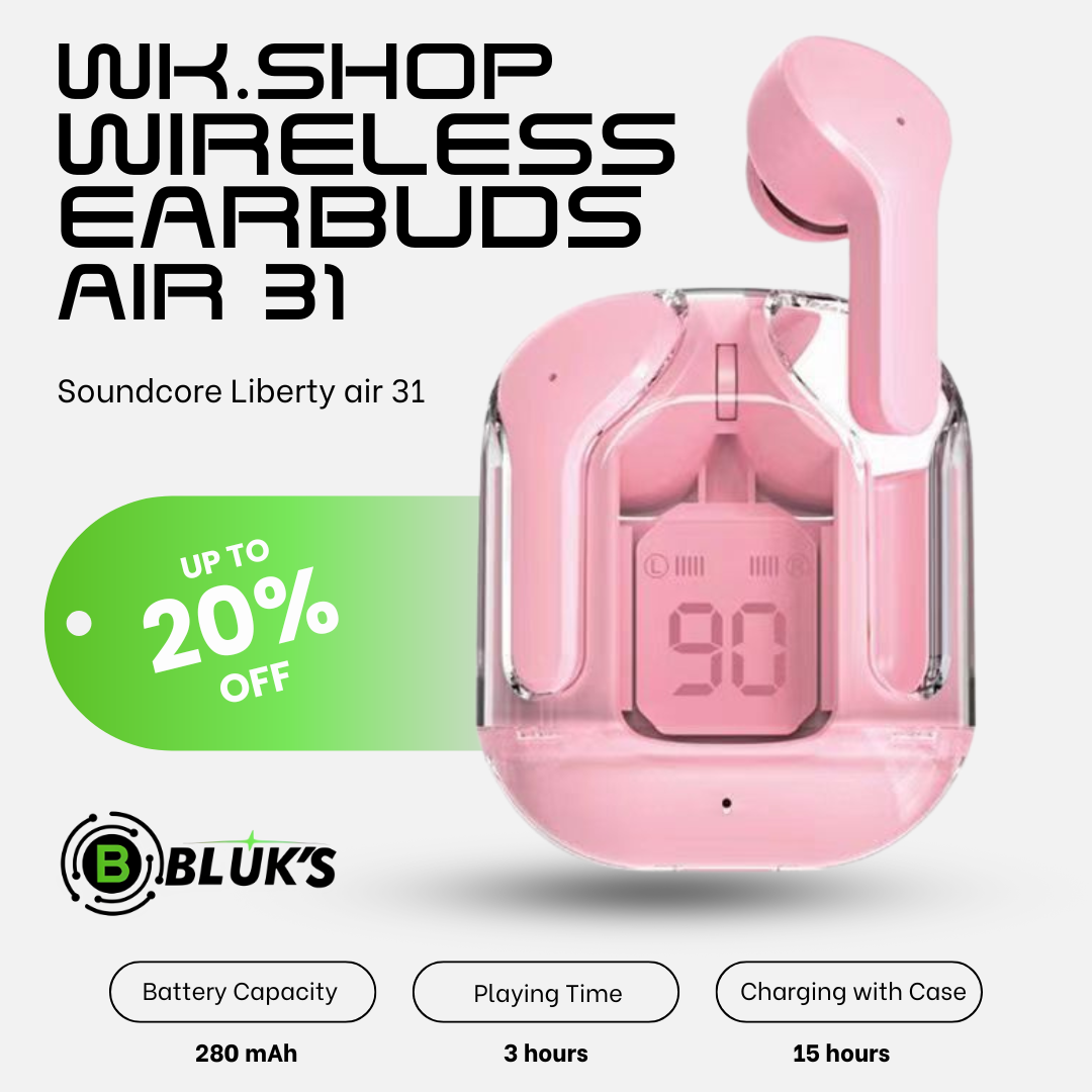 WKSHOP Air 31 Transparent Wireless Earbuds Bluetooth 5.3 TWS Earphones HD Bass Touch Control Noise Reduction Gaming Earbuds Long Battery Stereo Sound Compatible with Android iOS Mobile Phones Charging Case Low Latency Handsfree Music Ear Buds