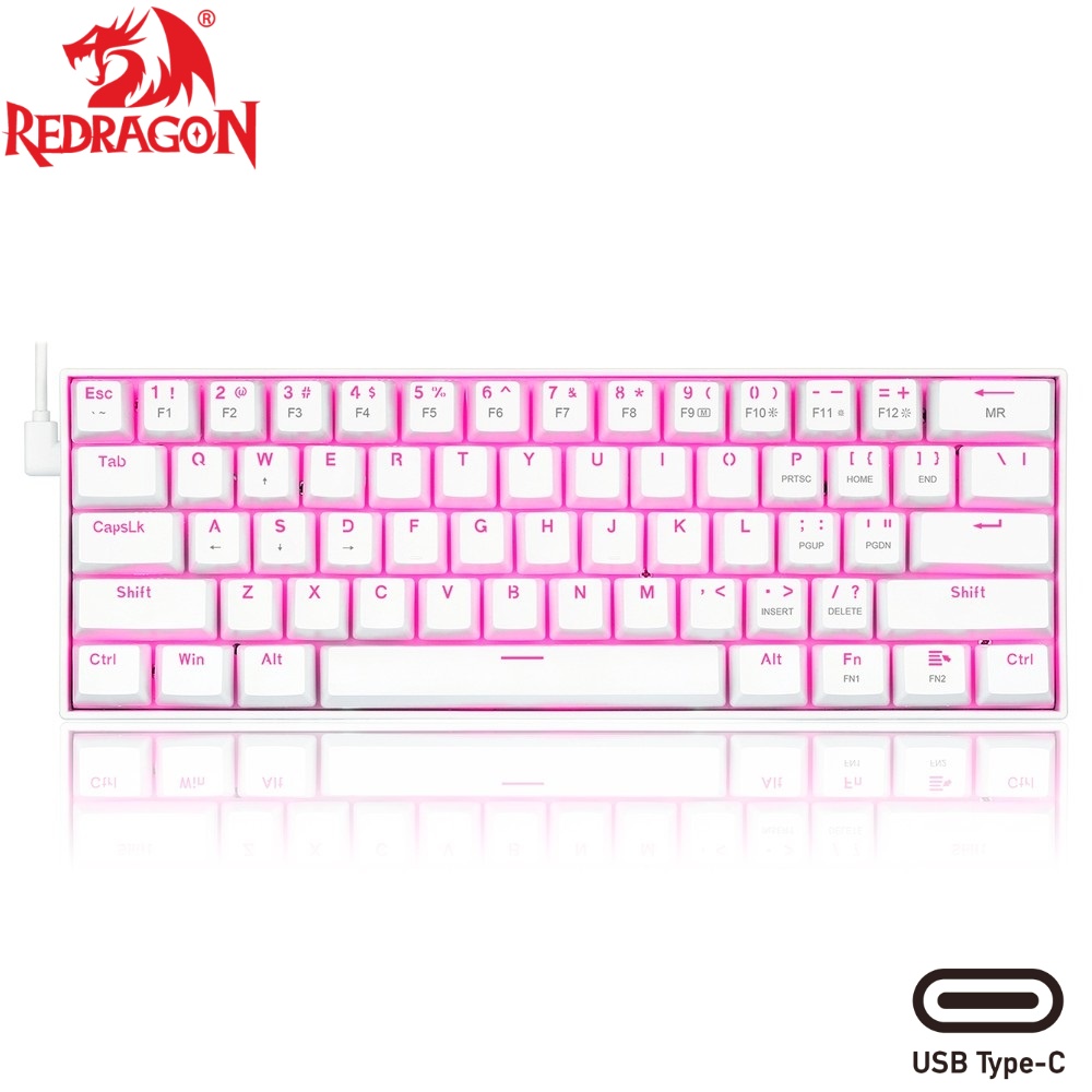 Redragon K630W Wired 60% Gaming Mechanical Keyboard with Pink Backlite and USB type C Cable Brown Switches