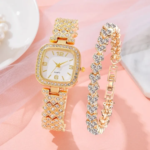 Luxury Rhinestone Women’s Watch Set – Round Dial with Stainless Steel Crystal Chain Strap & Bracelet (2 PCS Gift Set)