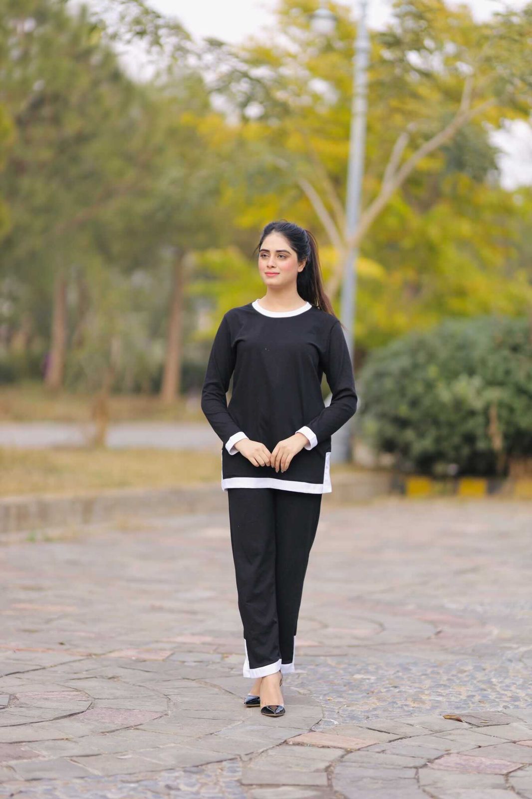 Black Round Neck With Flapper Style Night Suit For Women