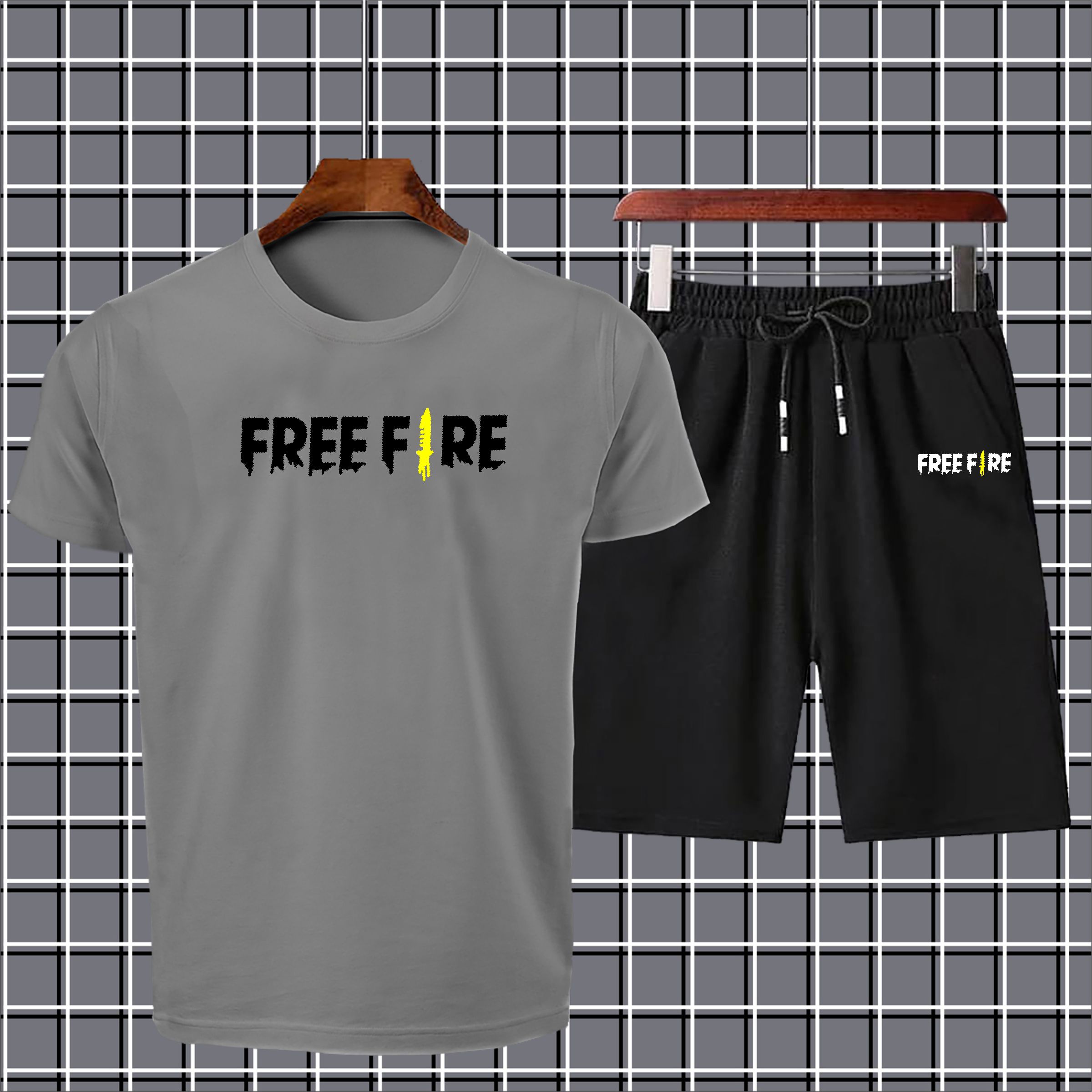 Free fire printed summer short track for men tshirt+short-yellow