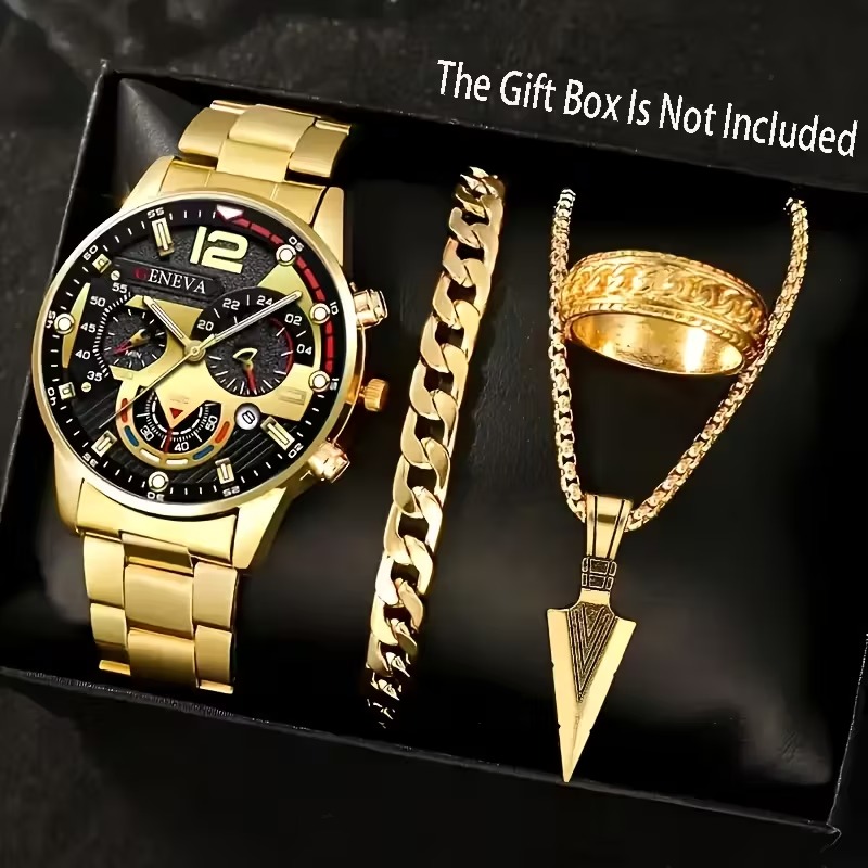 4pcs Luxury Men's Quartz Watch & Fashion Accessory Set - Golden-Toned Stainless-Steel Band, Precision Movement, Ideal for Business & Casual Wear, Perfect Gift for Father's Day, Valentine's, Birthdays, New Year