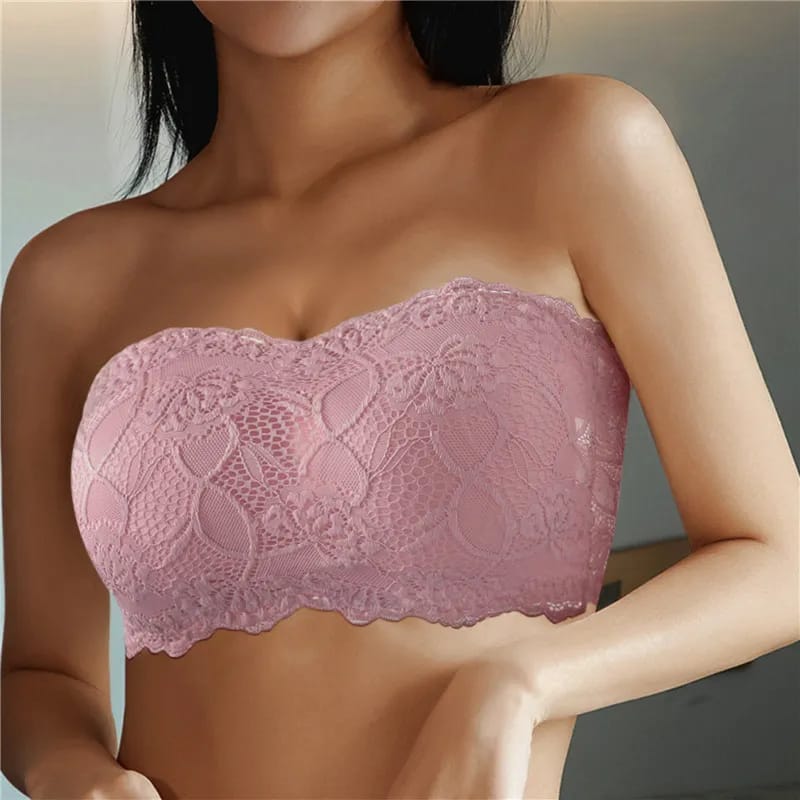 Ladies Floral Lace Thin Removable Padded Strapless Bra with