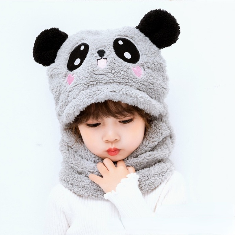 Boys And Girls Adorable Winter Baby Cap Velvet Cartoon Panda &Amp; Rabbit Hat With Warm Neck Collar