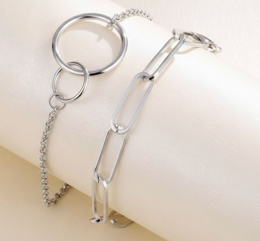 2Pcs/Set Vintage Bohemian Chain for Women Girls Chunky Chain Double Ring Pendant Bracelet Jewelry