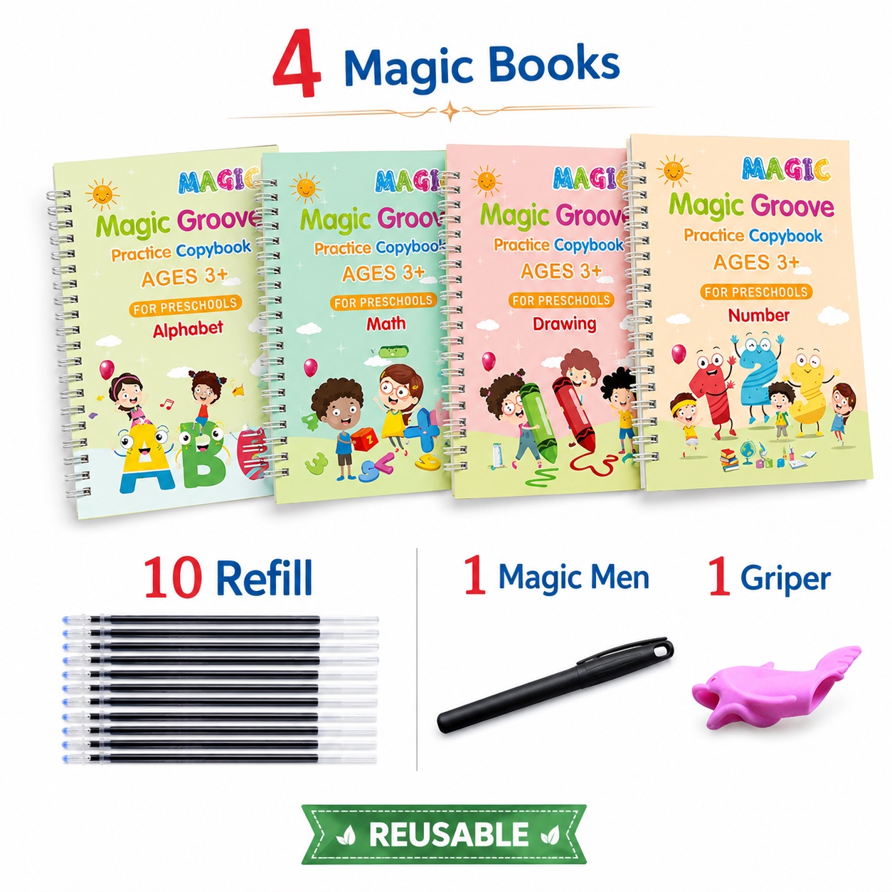 Sank Magic Learning Set for Kids - 4 Traceable Practice Books, 10 Ink Refills, Magic Pen, Writing Grips, Preschool Education Tools