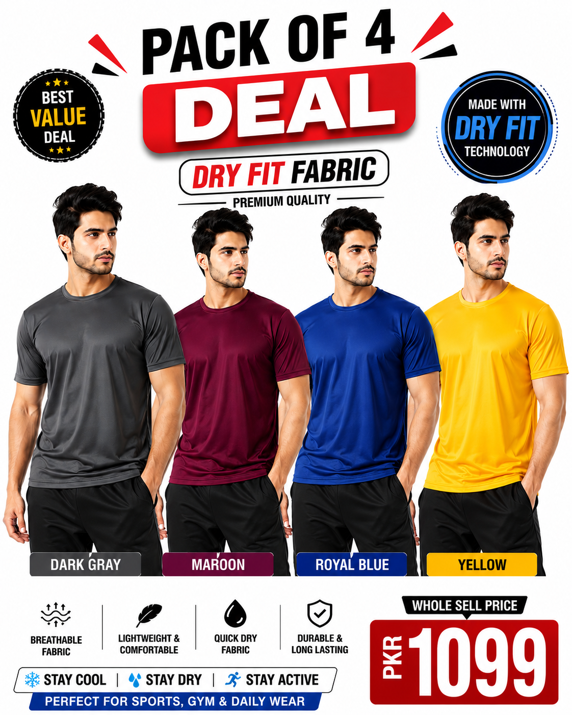 Pack of 4 Plain Round Neck local Dry Fit T-Shirts for Men | Premium Sports & Casual Wear | Quick Dry Fabric | 4 Colors