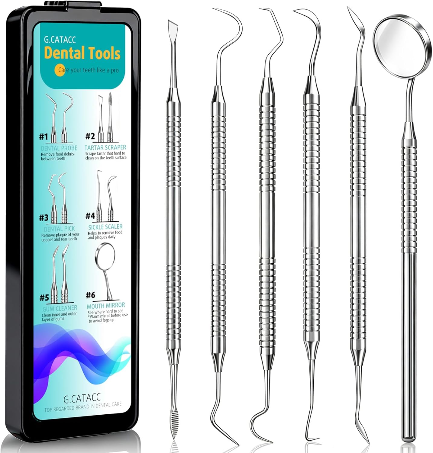 Dental Tools, 6-Pack Stainless Steel - Tartar & Plaque Removal | Teeth Cleaning Kit: Dental Scraper, Pick, Mouth Mirror, Tweezer for Dentist,  Dental Pick for Teeth Cleaning, Stainless Steel Hygiene Kit with Tooth Scraper Plaque Tartar Remover - with Case