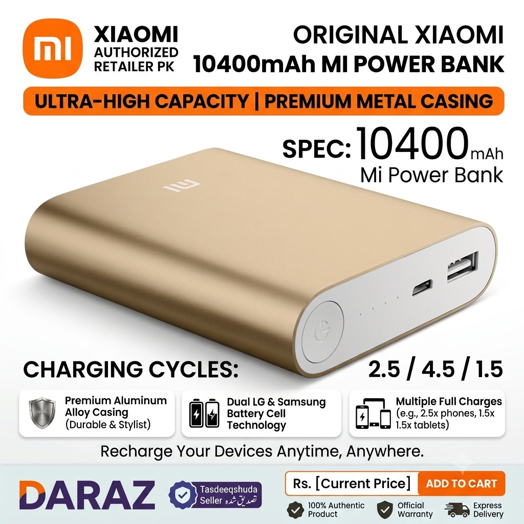 Xiaomi Mi Redmi Power Bank 10400mAh – Fast Charging Portable Charger – Xiaomi Redmi 10400mAh Powerbank – Compact Design – USB & Micro USB – For All Devices