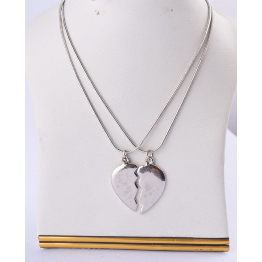 Antique Broken Heart Shaped Silver Locket with Black and Silver Chain Necklace for Lovers and Best Friends