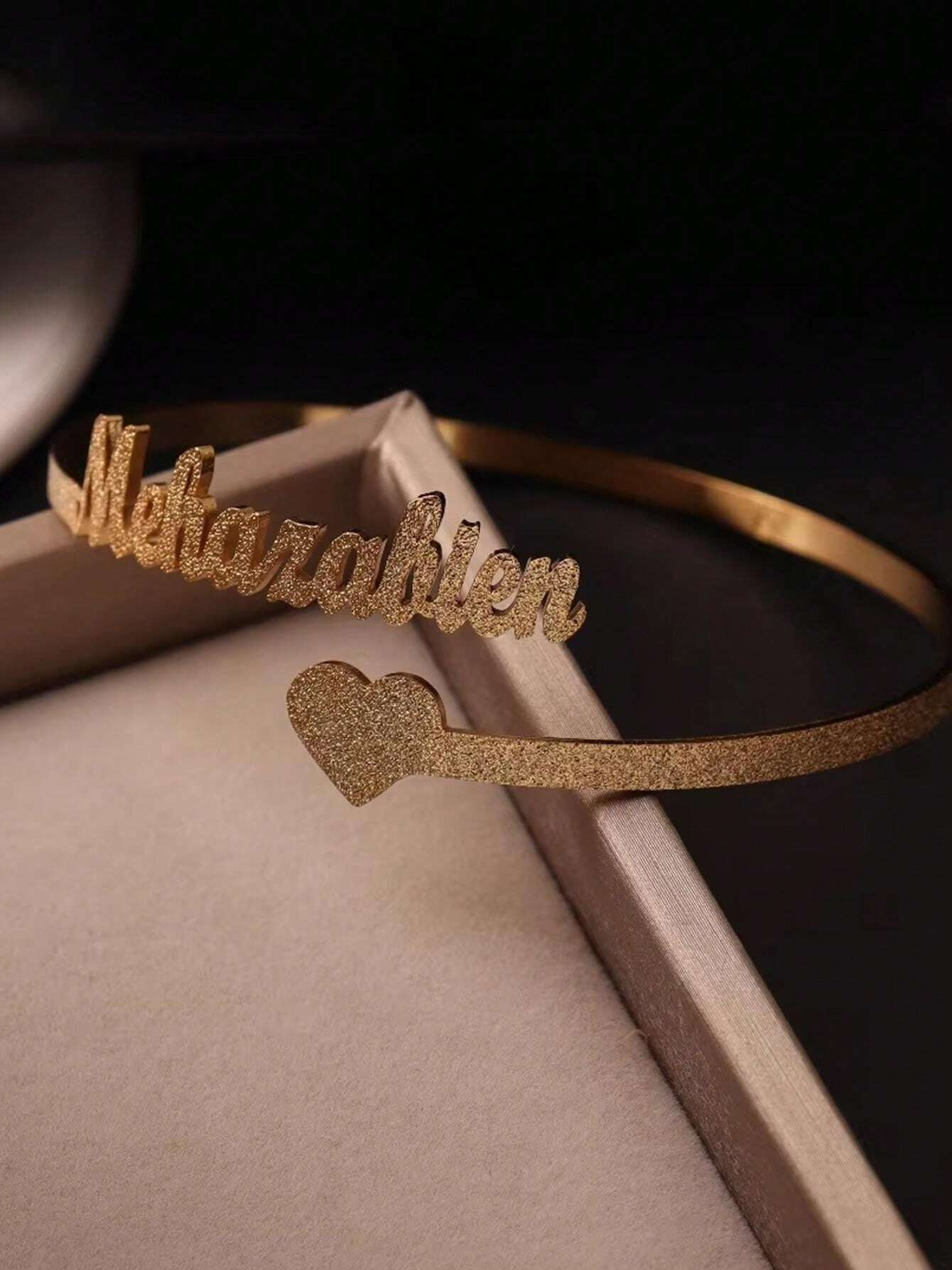 Personalized Custom Frosted Name Bangle Bracelet With Heart Open Adjustable Heart Bangle Jewelry Gift For Couple