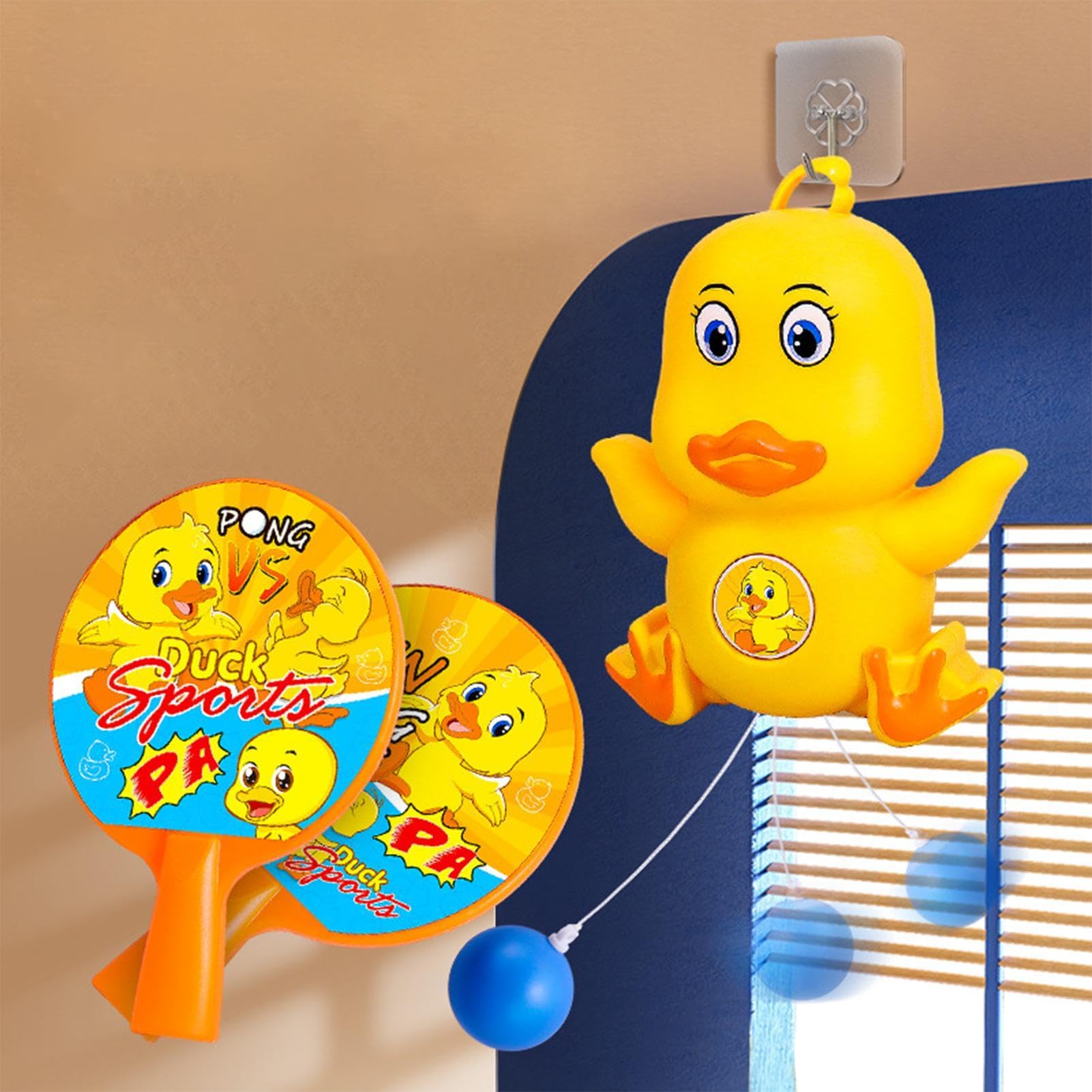 Children's hanging table tennis trainer self-practice Toy Set - parent-child indoor interactive Yellow Duck PingPong Ball Table Tennis Sports Trainer for Kids exercise sensory Toys hand-eye coordination toy with 2x Racket 3x Ball & Hooks Best For Gifting