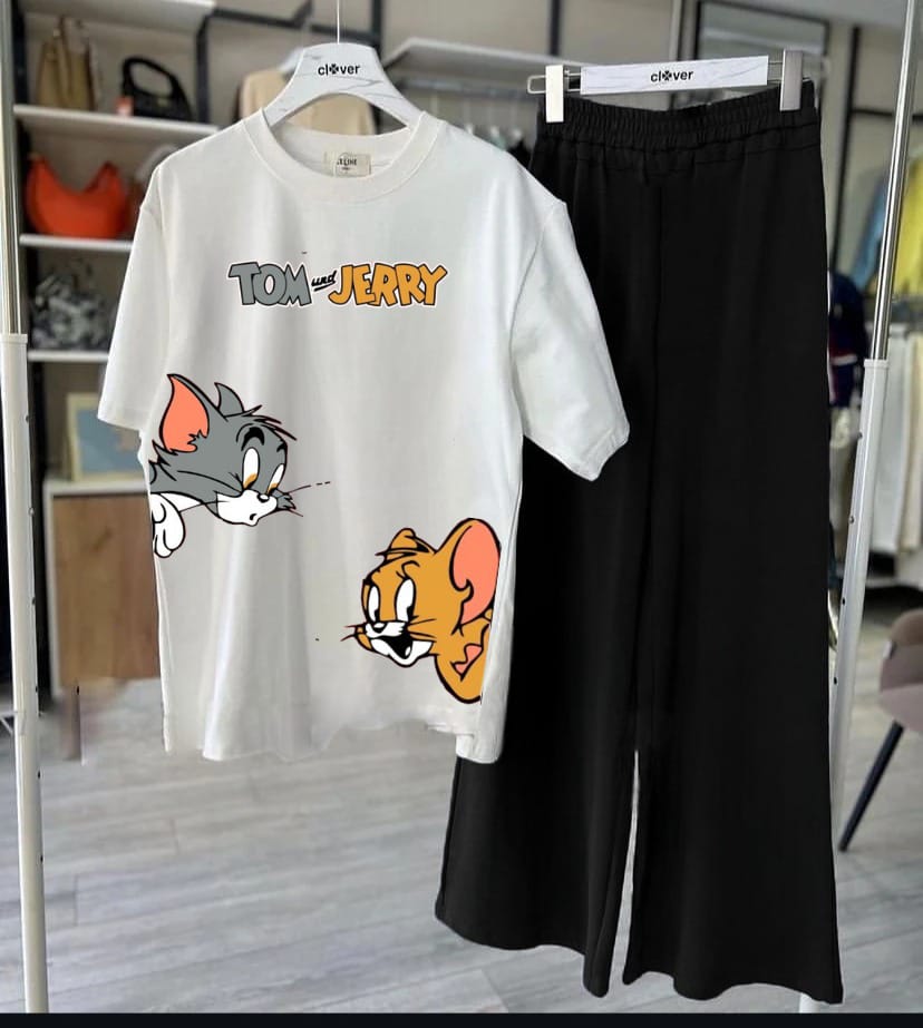 Tom & Jerry Cute Cartoon Printed Night Wear Premium Quality Women's & Kids' Nightwear – Stylish, Comfortable, and Soft Sleepwear Pajamas, Night Suits & Loungewear for All Seasons Adult Size S to XL & Kids Size 7 to 14 Years, Tees Pajama T-shirt Palazo