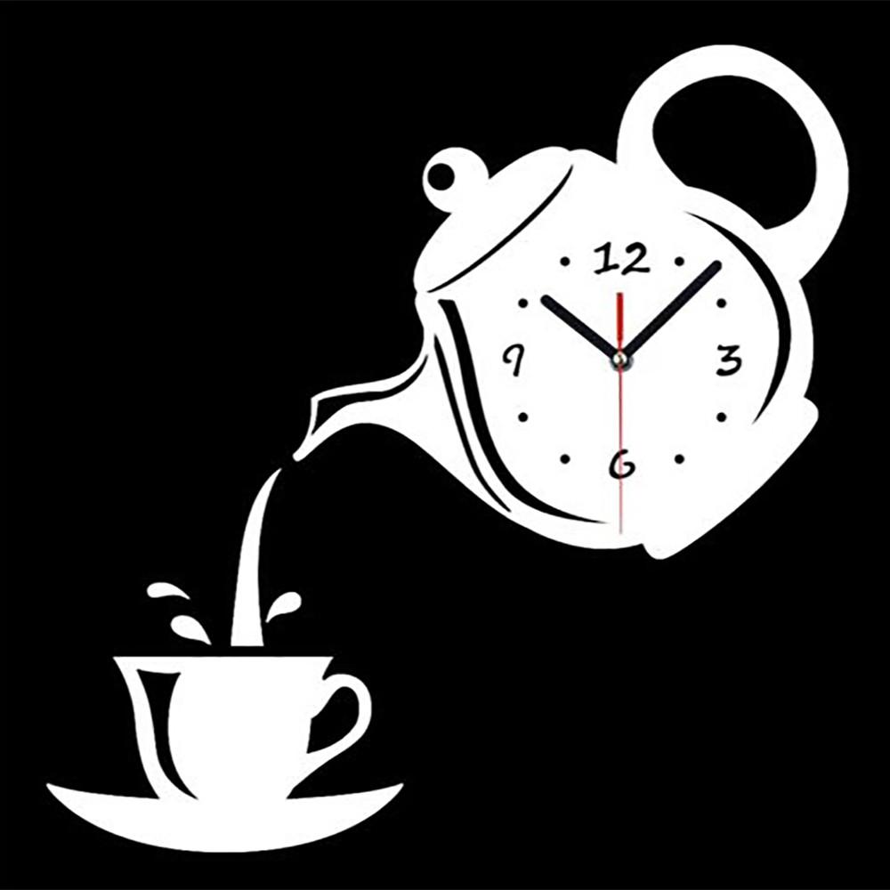 Teapot Clock Wall Mirror Effect Coffee Cup Shape Decoration Home