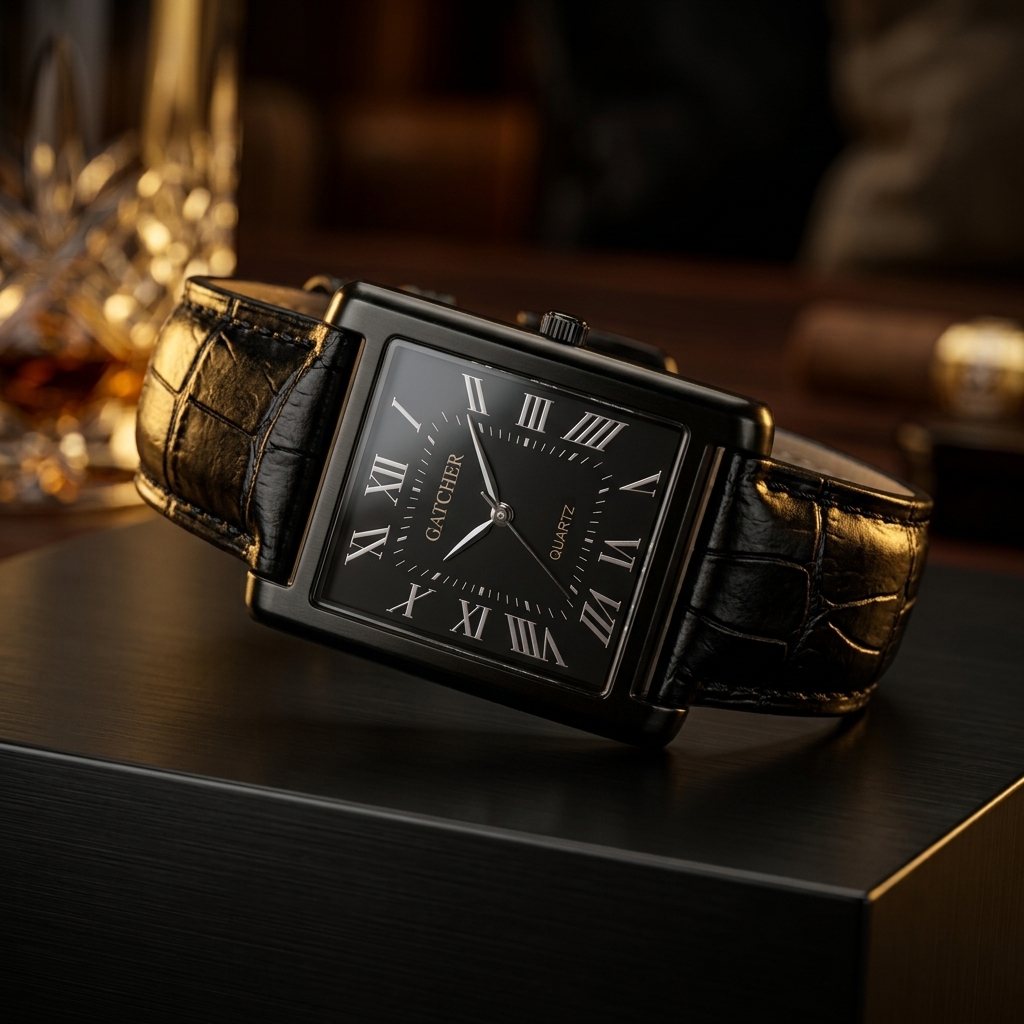 Men's Classic Luxury Rectangular Quartz Watch | Roman Numeral Analog Dial | Crocodile Texture Leather-Style Strap | Stylish Formal Wrist Watch