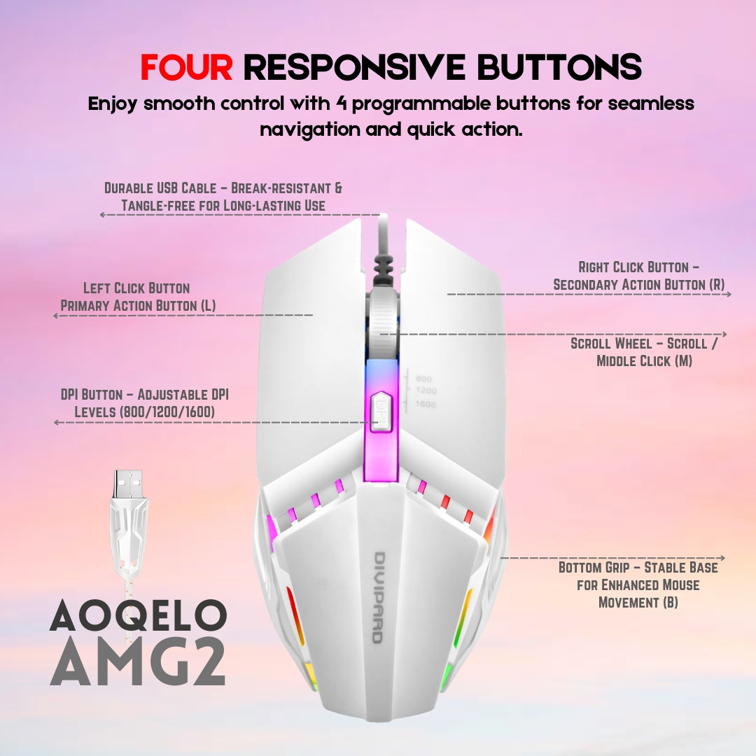 AMG2 Wired Premium RGB Gaming Mouse | Mechanical Design with Nylon Braided Cable & 3-Level DPI (600-1600) | Breathing RGB LED Glowing Optical Gamer Mouse for PC, Computer, Laptop | USB Esports Pro Gaming Setup - One Click-Pick