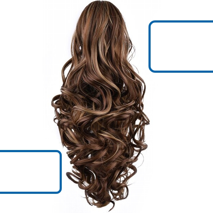 Curly Synthetic Clip-On Hair Extension - Natural Brown with Highlights of Golden Color