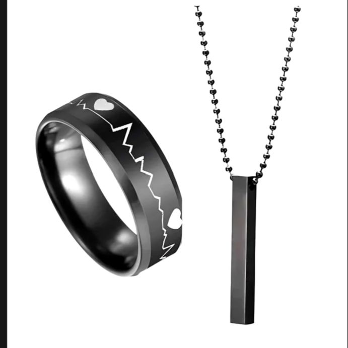PACK OF 3 AMAZING NECKLACE DEAL FOR MEN | FASHION HIGH QUALITY BLACK BAR STICK NECKLACE + BLACK STAINLESS STEEL CHAIN BRACELET + BLACK TITANIUM STAINLESS STEEL HEARTBEAT RING FOR BOY AND MEN