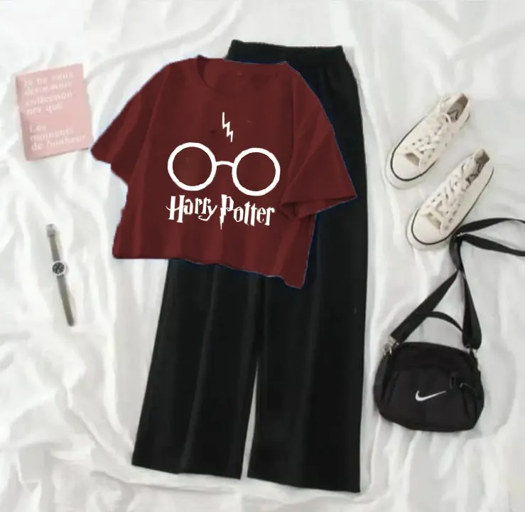 New Design Crop Top Printed Harry Porter Tee With Black Flapper Casual Suit For Women And Girls