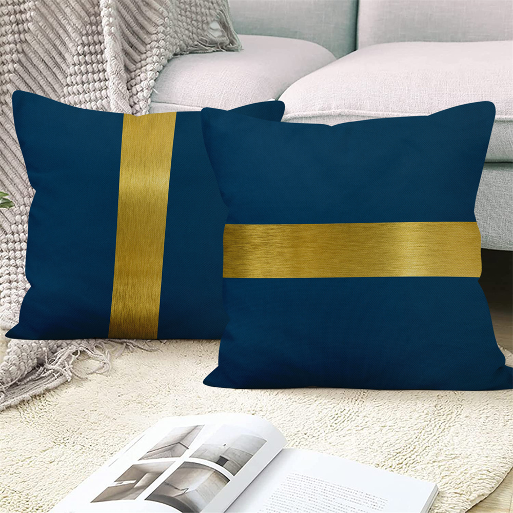 Navy Blue Cushion Cover 45 X Cm Gold Leather Striped Patchwork Velvet