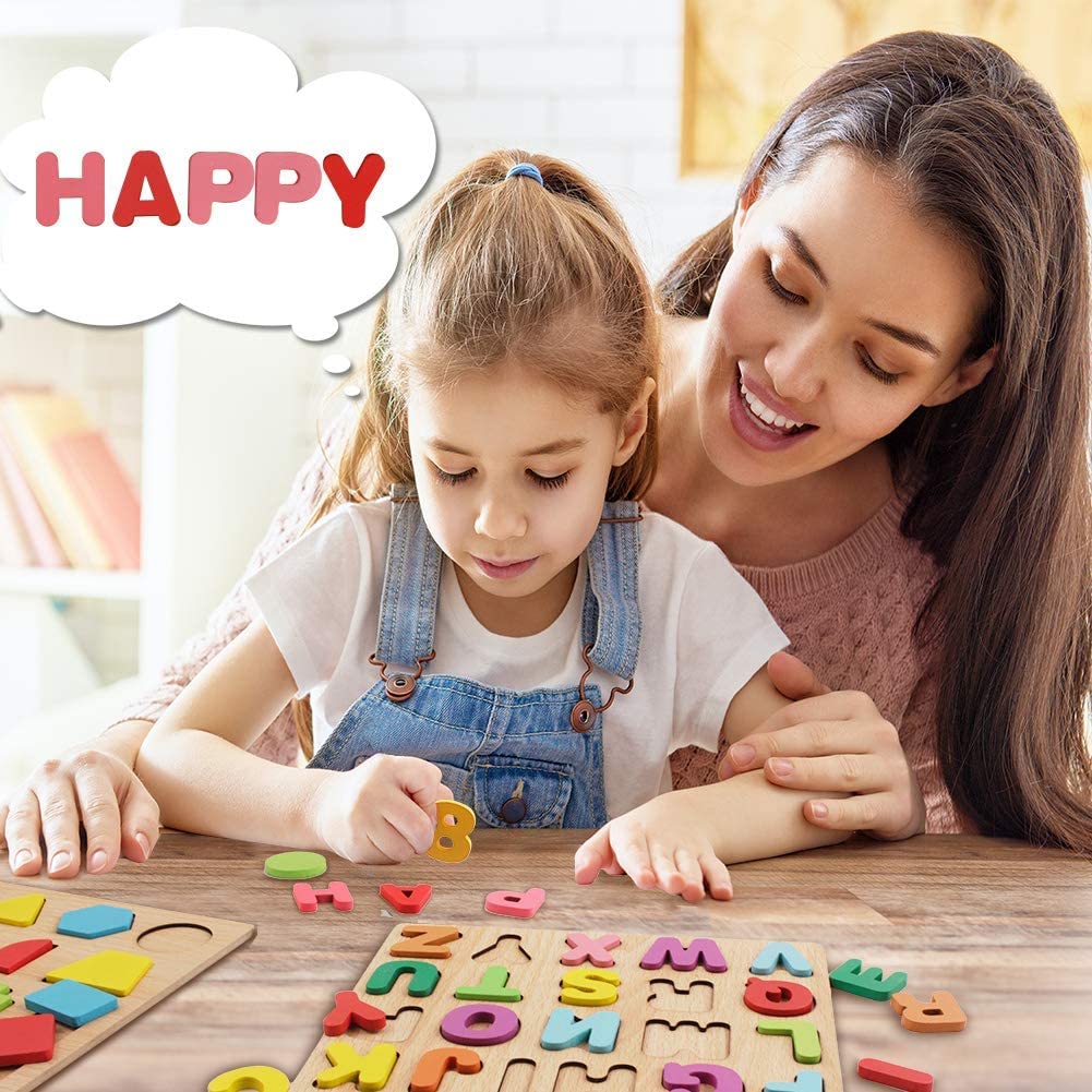Wooden Alphabet |  Puzzles & Numbers Count Board, Colorful ABC Uppercase Letters/Numbers/Shapes for Kids Toddlers Preschool Early Learning Educational Toys