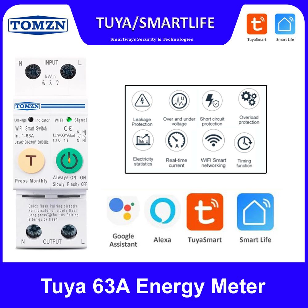 TOMZN 63A Tuya Smartlife 2P WIFI Smart Switch Energy Meter Kwh Metering Monitoring Circuit