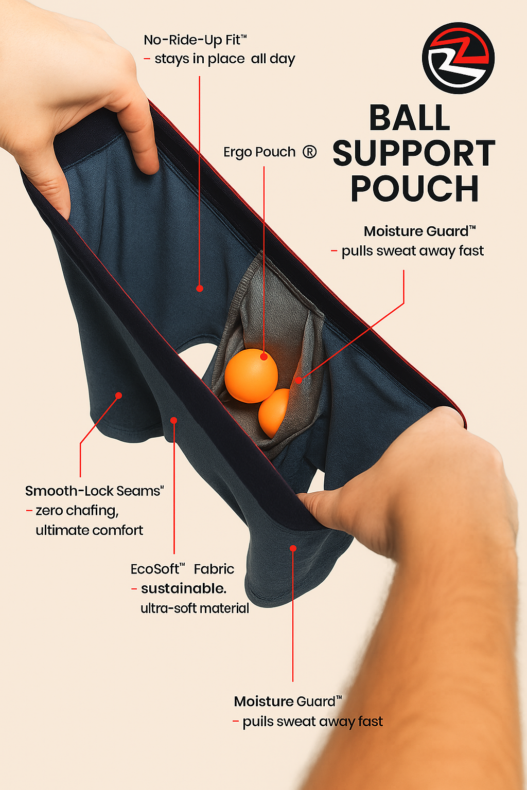 Men Comfort-Fit Trunks with Anti-Roll Waistband and Ball Support Pouch in Stretchable Knit