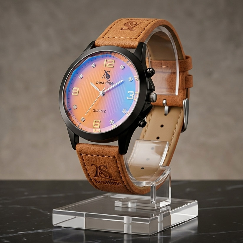 Military Inspired Brown Strap Watch for Boys Men Fashion / Faux-Leather Band / White and Black Dial