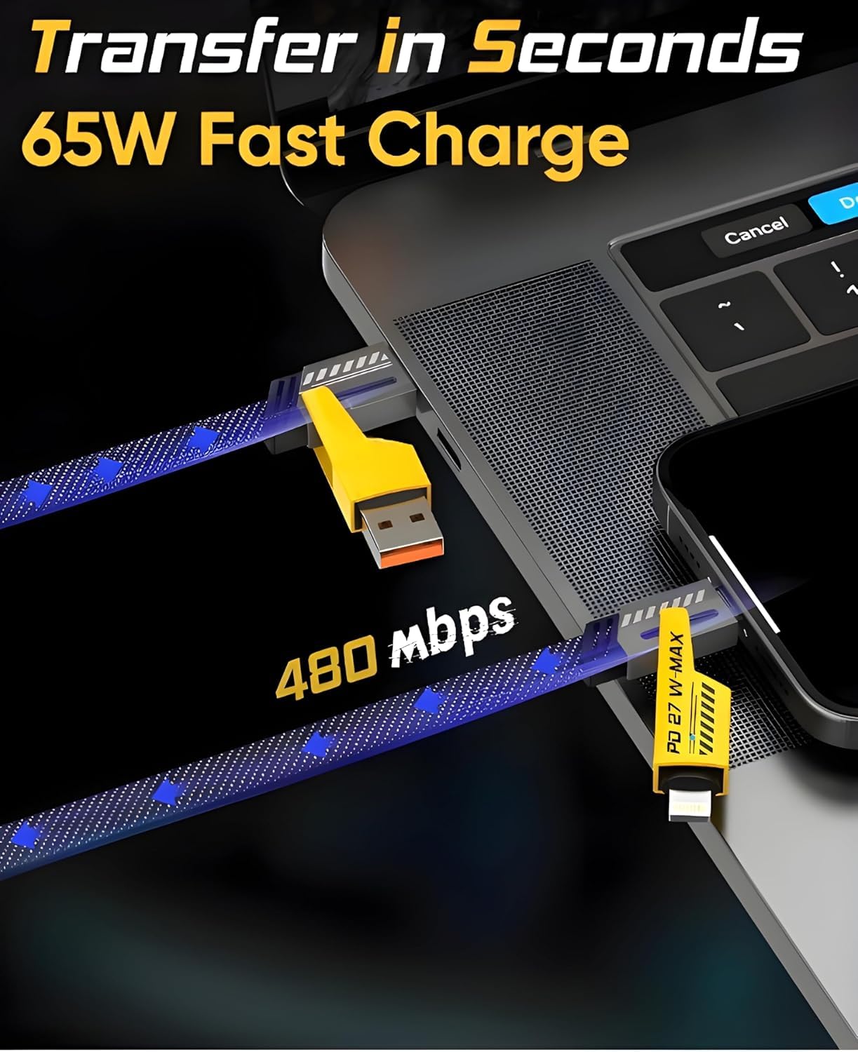 4 in 1 USB C Fast Charging Cable with 60W PD, Data Transfer, Type C, Micro USB and IOS Light-ning Compatibility, 1 Meter