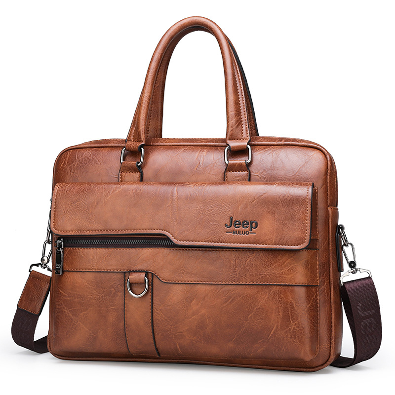 JEEP BULUO Men's Business Handbag Hot Large Capacity Leather Briefcase Bags For Man 15.3 inches Laptop Work Travel Bag Black