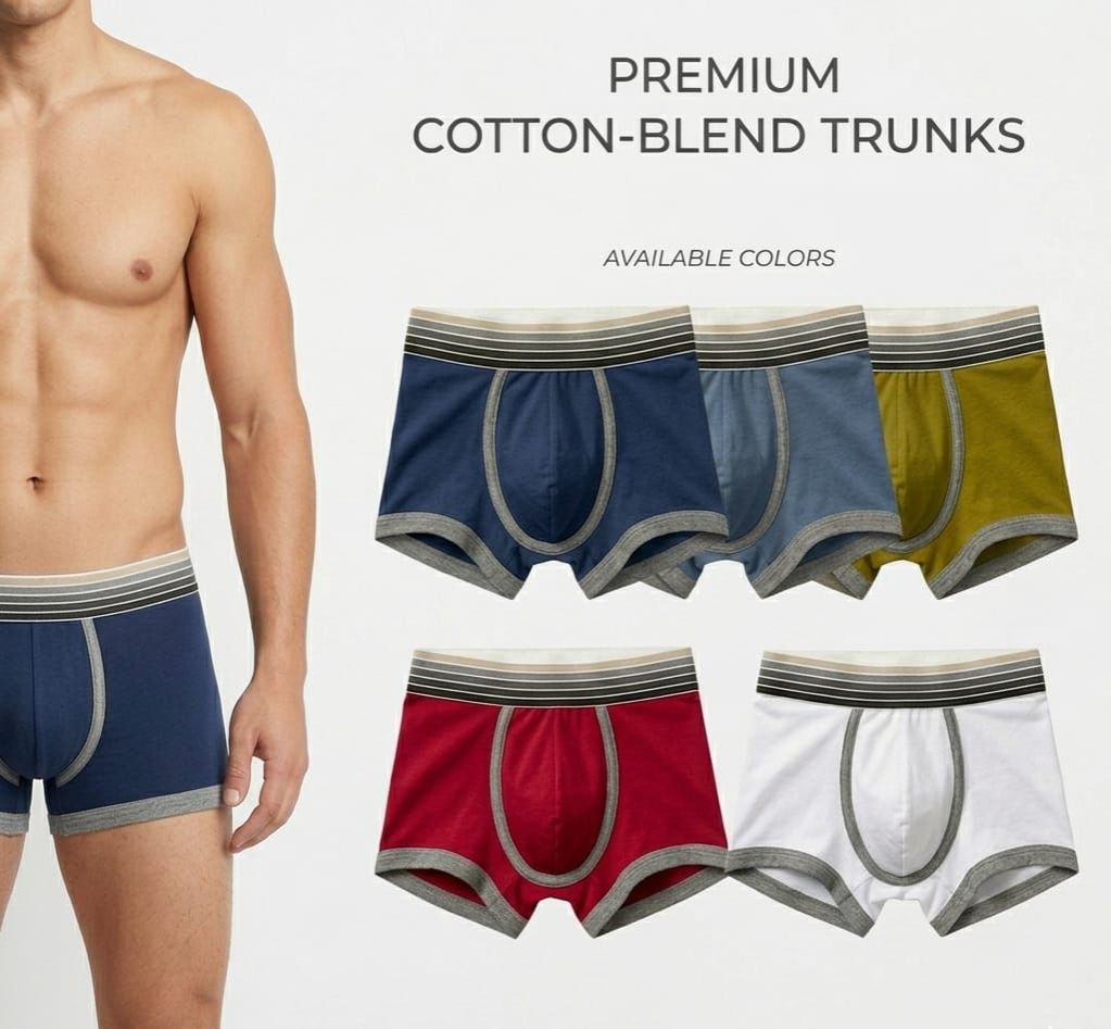 Premium Cotton-Blend Men’s Trunks Boxer Underwear| Ultra-Soft Breathable Cotton Trunks with Contrast Piping & Striped Waistband
