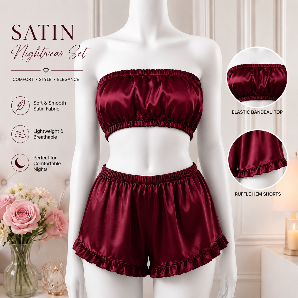 2 Piece Women Girl Ladies Silk Satin Robe Crop Tops Shorts Sleepwear Babydoll Nightdress Pajamas Set bridal Saxy Lingerie Women Dress for Night Wear and Parties Full Black Body Stocking Nighty for Women Free Bra